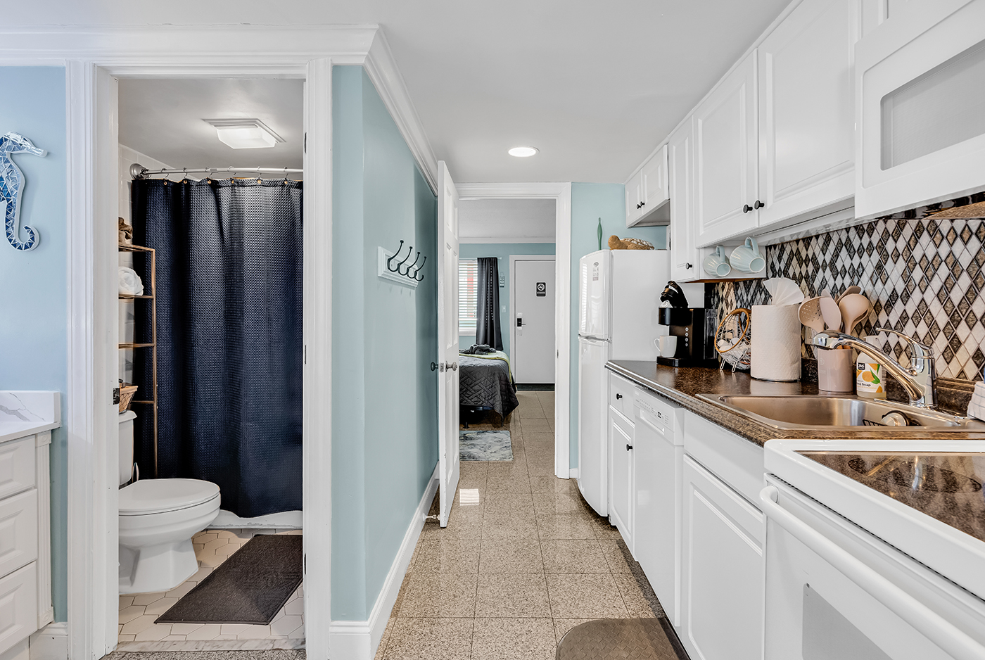 Coastal living room — vacation rental turnover clean